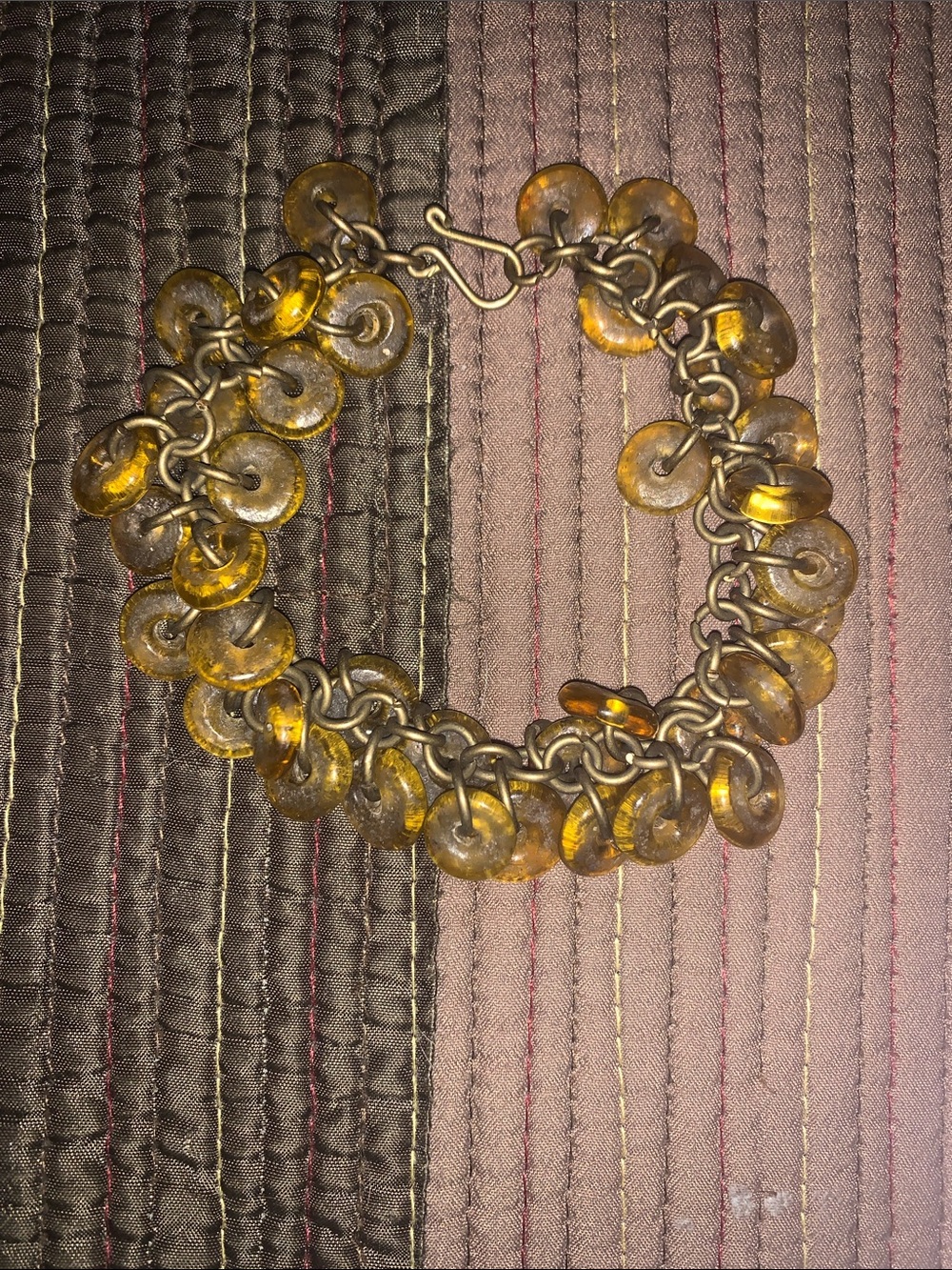 Vintage Brass/glass amber like discs bracelet.
